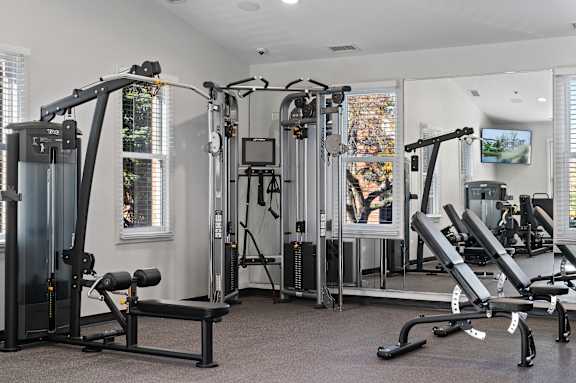 Newly remodeled well equipped gym with a variety of equipment.