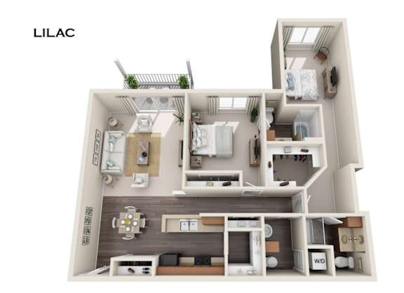A 3D floor plan of a house layout with the word "LILAC" at the top.