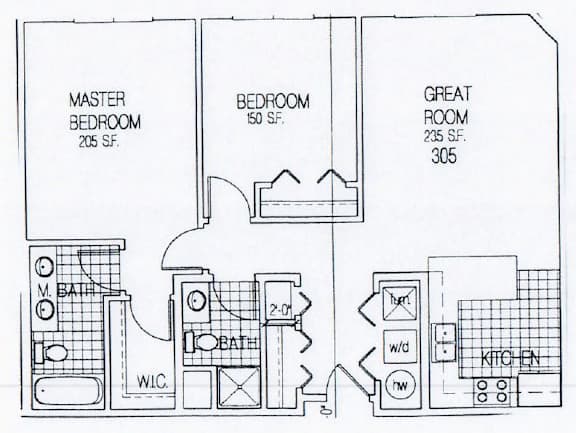 a floor plan of a house with bedrooms and baths and a great room