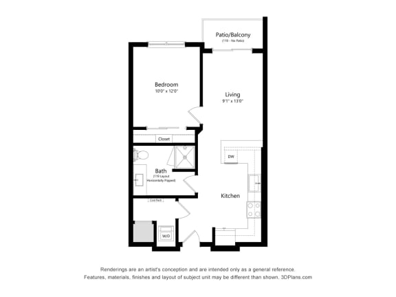 1 bed 1 bath floor plan at Elevate Apartments, Wisconsin