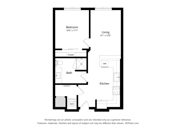1 bed 1 bath floor plan F at Elevate Apartments, Madison