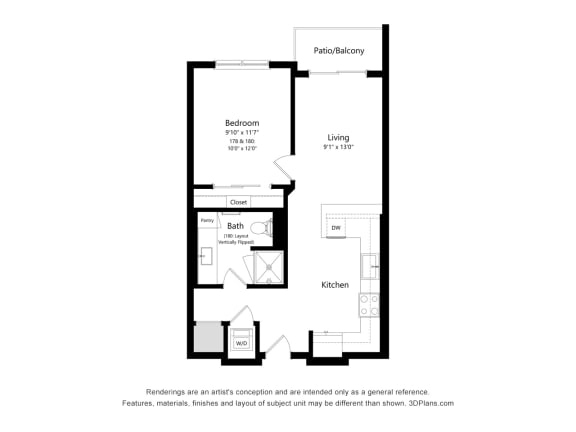 1 bed 1 bath floor plan G at Elevate Apartments, Wisconsin
