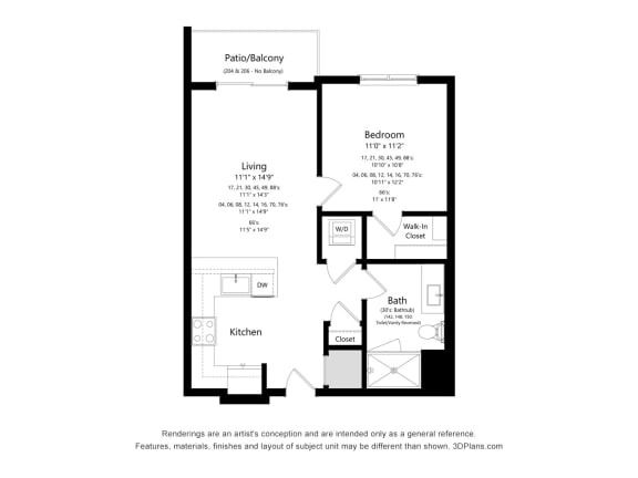 1 bed 1 bath floor plan A at Elevate Apartments, Wisconsin, 53718