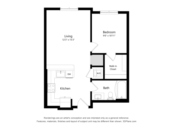 1 bed 1 bath floor plan J at Elevate Apartments, Madison, WI