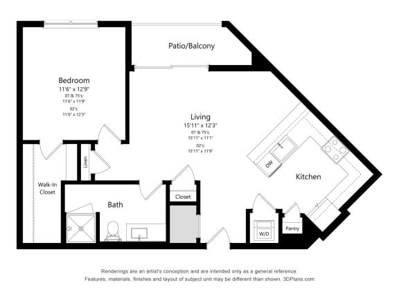 1 bed 1 bath floor plan B at Elevate Apartments, Madison, WI, 53718