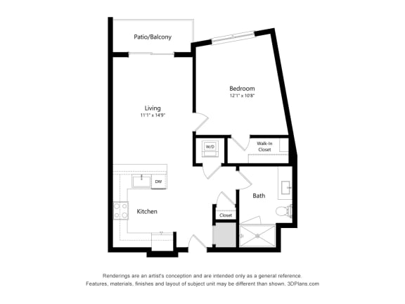 1 bed 1 bath floor plan C at Elevate Apartments, Madison, WI