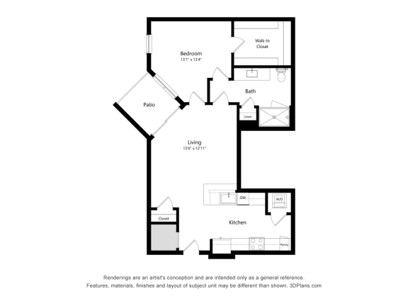 1 bed 1 bath floor plan D at Elevate Apartments, Madison, 53718