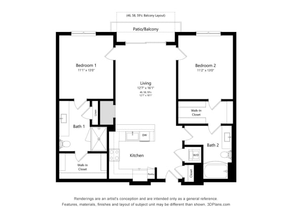 2 bed 2 bath floor plan at Elevate Apartments, Madison, Wisconsin