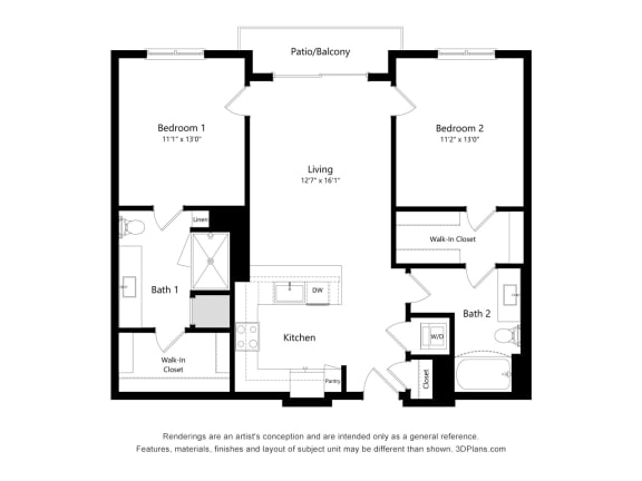 2 bed 2 bath floor plan H at Elevate Apartments, Madison, WI