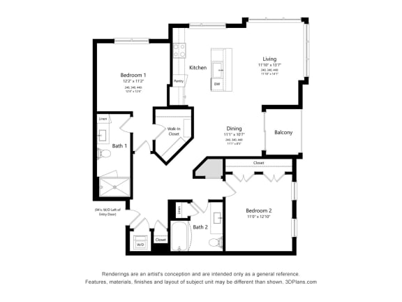 2 bed 2 bath floor plan C at Elevate Apartments, Wisconsin, 53718