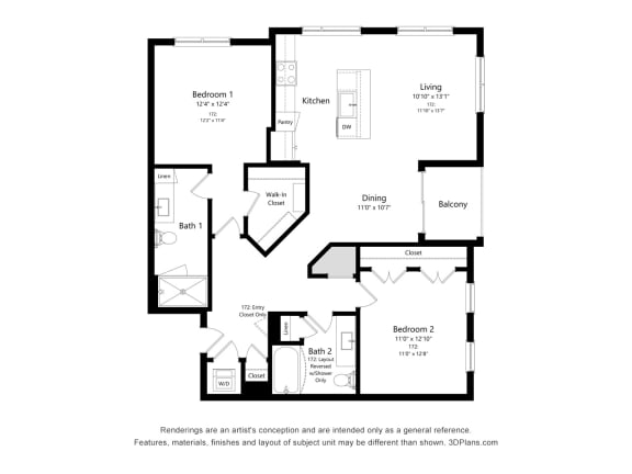 2 bed 2 bath floor plan P at Elevate Apartments, Madison, 53718