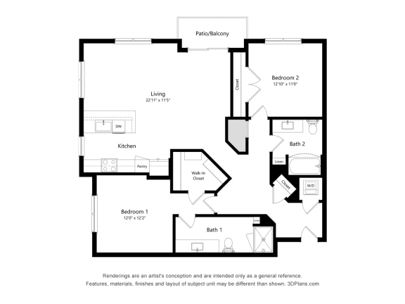 2 bed 2 bath floor plan D at Elevate Apartments, Madison, WI, 53718