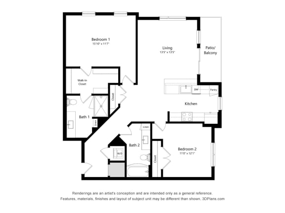 2 bed 2 bath floor plan E at Elevate Apartments, Madison, WI