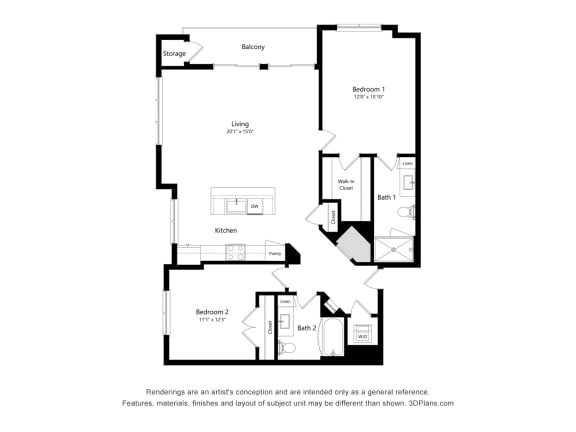 2 bed 2 bath floor plan F at Elevate Apartments, Madison, 53718