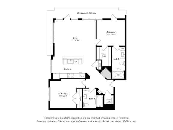 2 bed 2 bath floor plan Q at Elevate Apartments, Madison, Wisconsin