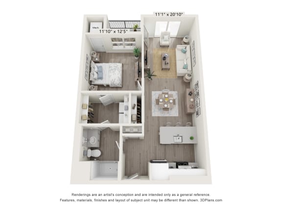 1 bed 1 bath A1 floor plan at Enclave Crystal Lake, Illinois, 60014