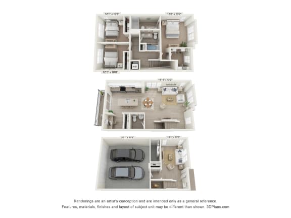 3 bed 2 bath TH_B_End floor plan_Combined at Enclave Crystal Lake, Illinois, 60014