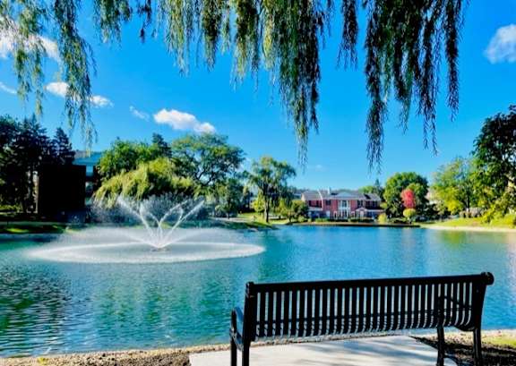 A park bench overlooks a fountain in the middle of a lake.