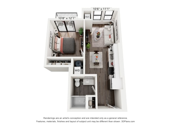 a stylized floor plan with a bedroom and a living room