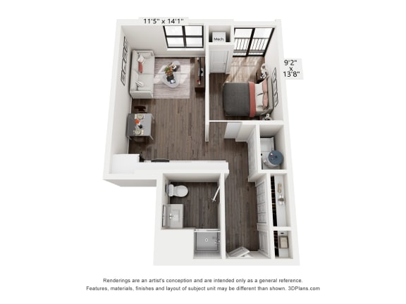 a stylized floor plan with a bedroom and a living room