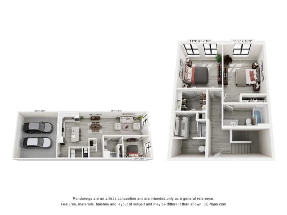 a stylized floor plan of a 1 bedroom apartment