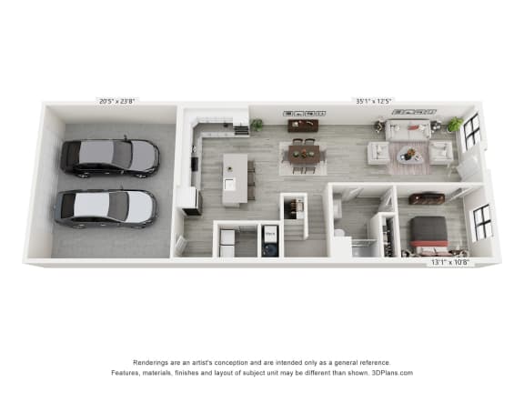 a stylized floor plan of a 1 bedroom192 sq ft house