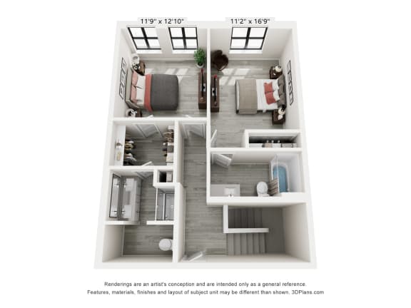 a stylized floor plan of a 1 bedroom apartment