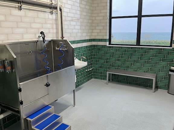 A large industrial washing machine in a room with green tiled walls.