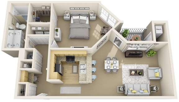 A 3D floor plan of a house with multiple rooms and furniture.