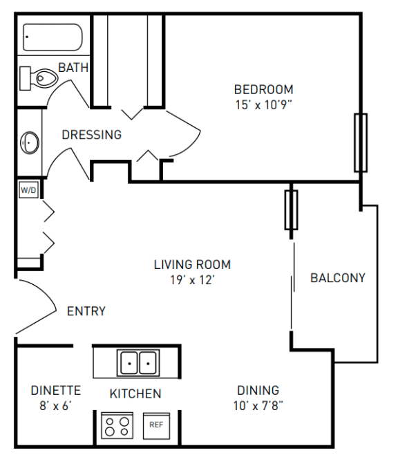 1 bed 1 bath floor plan E at Fieldpointe of Schaumburg, Illinois