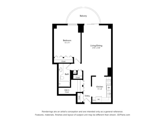 One Bedroom 10 Floor Plan at Churchill, Minneapolis, MN, 55401