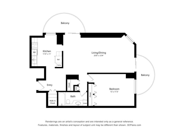 One Bedroom 12 Floor Plan at Churchill, Minneapolis, 55401