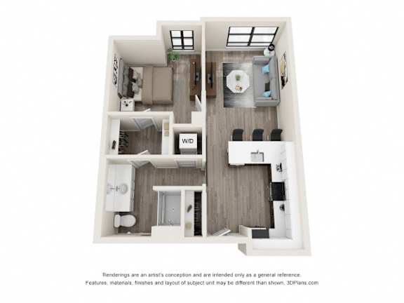 A 3D floor plan of a small apartment with a kitchen, living room, and bathroom.