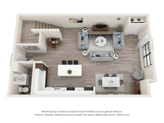 A top-down view of a modern living room with a kitchen area.