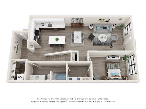 A 3D floor plan of a house with a kitchen, living room, and bathroom.