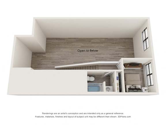 A 3D image of a house with the text "Open to Below" on the wall.