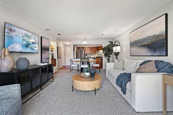 A living room with a grey carpet and a white sofa.