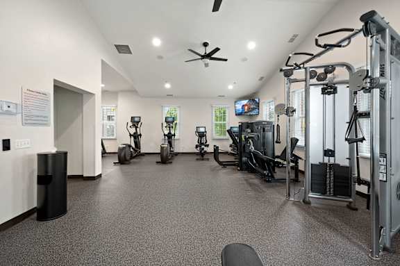 A gym with a variety of equipment including treadmills, weights, and a television.