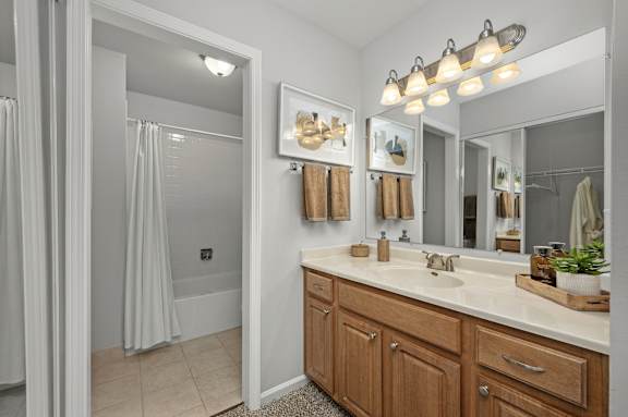 A bathroom with a white sink and a mirror.