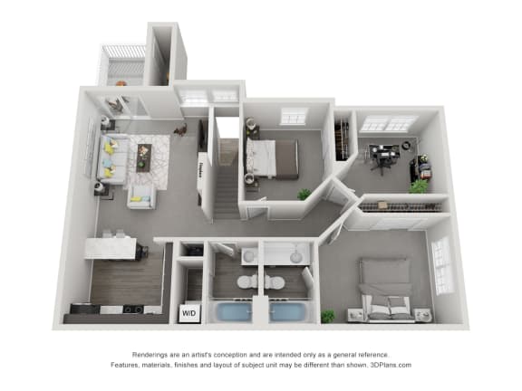 2 bed 2 bath floor plan E at Landings at Amhurst Lake Apartments, Waukegan