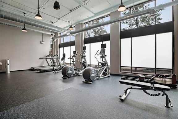 A gym with a row of treadmills, a row of stationary bikes, and a row of elliptical machines.