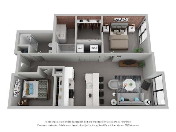A 3D floor plan of a house with a kitchen, living room, and bedrooms.