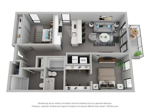 A 3D floor plan of a small apartment with a kitchen, living room, and bathroom.