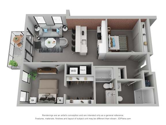 A 3D floor plan of a small apartment with a kitchen, living room, and bathroom.