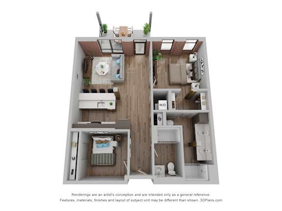 Floor Plan  A 3D floor plan of a two-bedroom apartment.