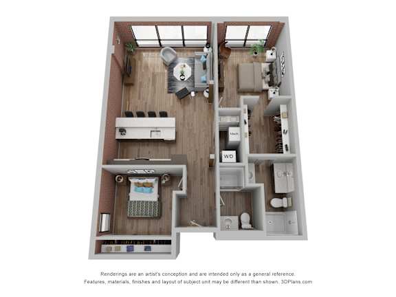 Floor Plan  A 3D floor plan of a house with a kitchen, living room, and two bedrooms.