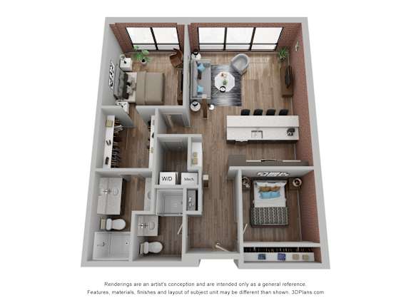A 3D floor plan of a small apartment with a kitchen, living room, and bathroom.