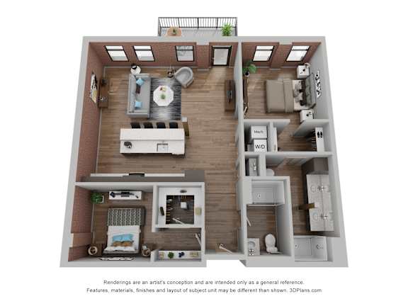 A 3D floor plan of a house with a kitchen, living room, and bathroom.