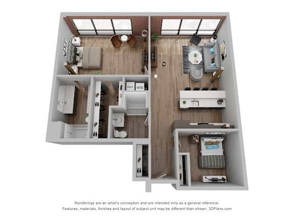 A 3D floor plan of a small apartment with a kitchen, living room, and bathroom.