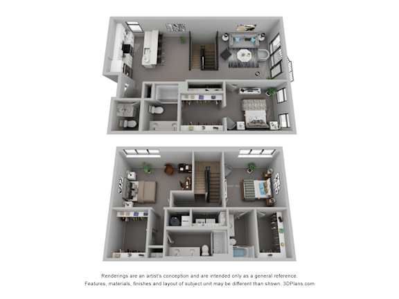 Two 3D floor plans of a house with a kitchen, living room, and bedrooms.